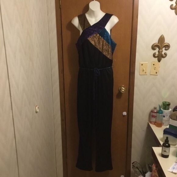 Vintage Pants - Retro 90s  Vintage Metallic Gold Black Purple Blue Belted  Zip up Jumpsuit 14